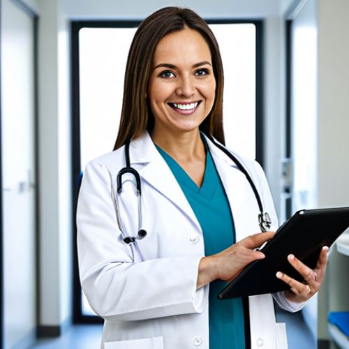 **

"A professional female doctor in a fully clothed, modest white coat, smiling warmly in a clean, modern hospital setting. She is holding a tablet displaying medical information. Perfect anatomy, correct proportions, well-formed hands, proper finger count, natural pose, appropriate content, safe for work, professional."

**