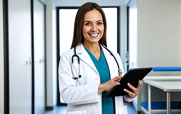 **

"A professional female doctor in a fully clothed, modest white coat, smiling warmly in a clean, modern hospital setting. She is holding a tablet displaying medical information. Perfect anatomy, correct proportions, well-formed hands, proper finger count, natural pose, appropriate content, safe for work, professional."

**