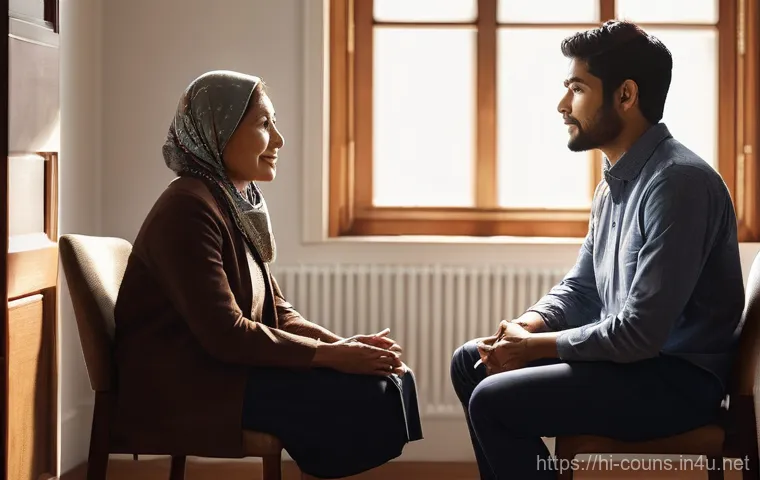 상담심리사 실무에서 자주 사용하는 이론 - **Prompt 1: Empathetic Connection in a Counseling Session**
    A warm, inviting, and softly lit cou...