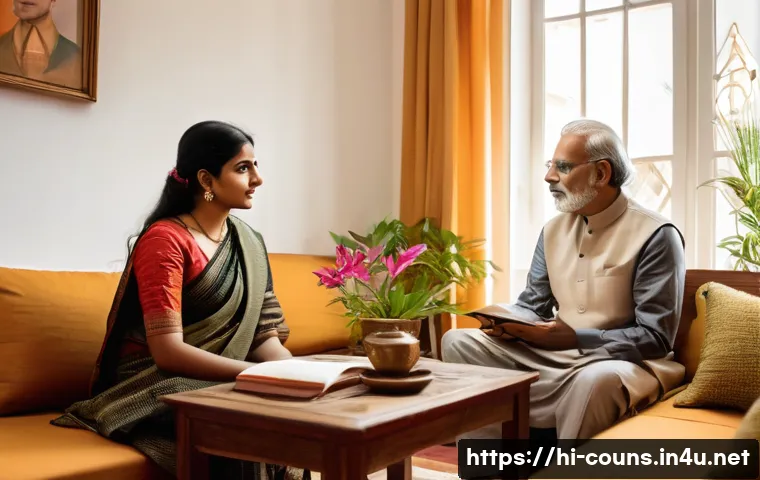 상담심리사로서 성공한 사례 분석 - A warm and empathetic counseling session scene featuring an Indian counselor attentively listening t...