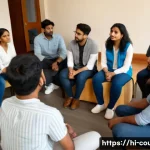 Home 20 상담심리사로서 집단 상담 프로그램 기획법 - A diverse group counseling session in progress with 6 to 8 Indian adults sitting in a circle in a co...