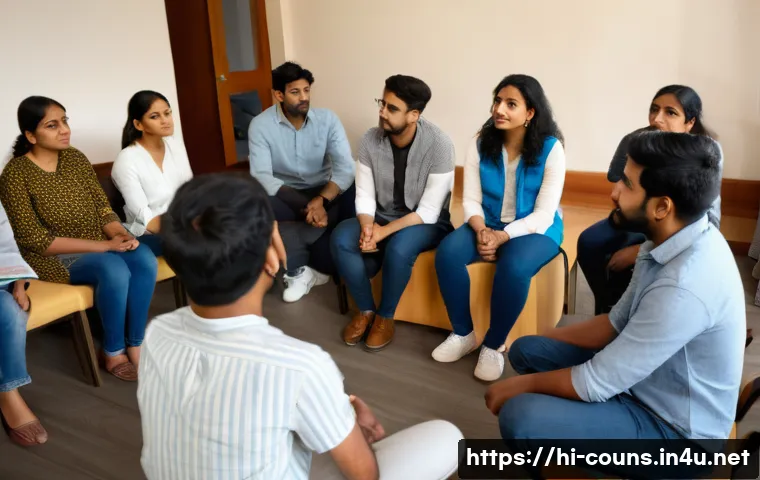 상담심리사로서 집단 상담 프로그램 기획법 - A diverse group counseling session in progress with 6 to 8 Indian adults sitting in a circle in a co...