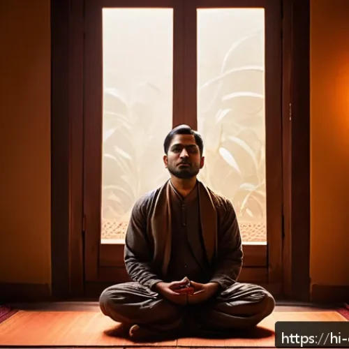 Home 31 상담심리사 업무에서 중요한 상담 기법 - A serene and contemplative Indian man sitting cross-legged on a traditional floor mat in a softly li...