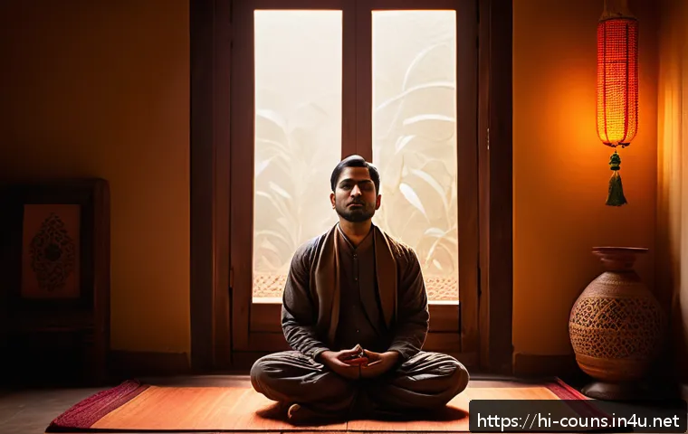 상담심리사 업무에서 중요한 상담 기법 - A serene and contemplative Indian man sitting cross-legged on a traditional floor mat in a softly li...