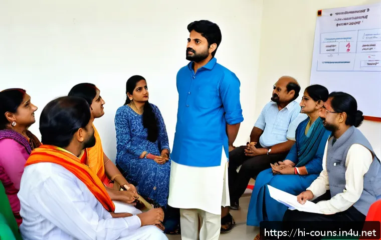 상담심리사와 관련된 필수 워크숍 - A professional psychological counseling workshop scene in India, featuring a diverse group of adults...