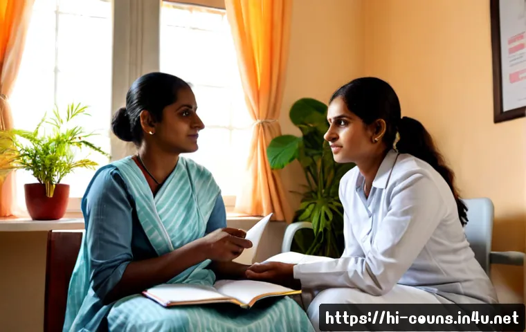 Home 13 상담심리사 수습 기간 동안의 경험담 - Photorealistic counseling psychology trainee in a modest modern Indian clinic, seated across from an...